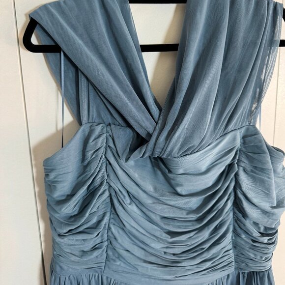 Little Mistress Plus size Bridesmaids Bardot Gathered Maxi Dress in Mesh - Blue - Picture 3 of 7